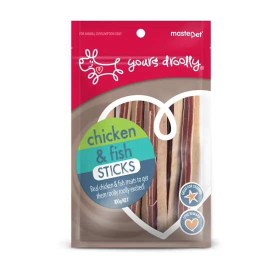 Front of Yours Droolly Chicken & Fish Sticks dog treats 100g Pouch