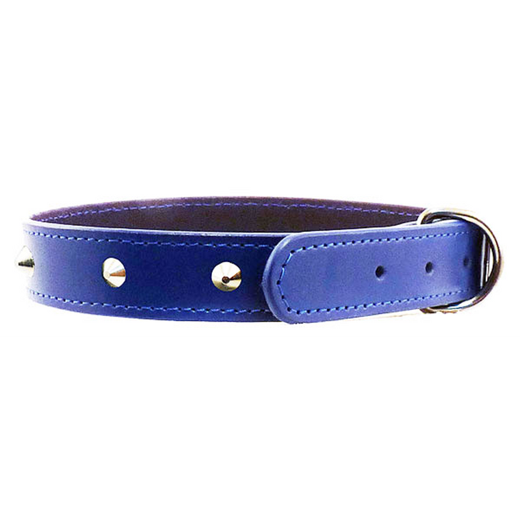 Beau Pets Leather Studded Collar - Blue, leather collar with chrome studs and buckle.