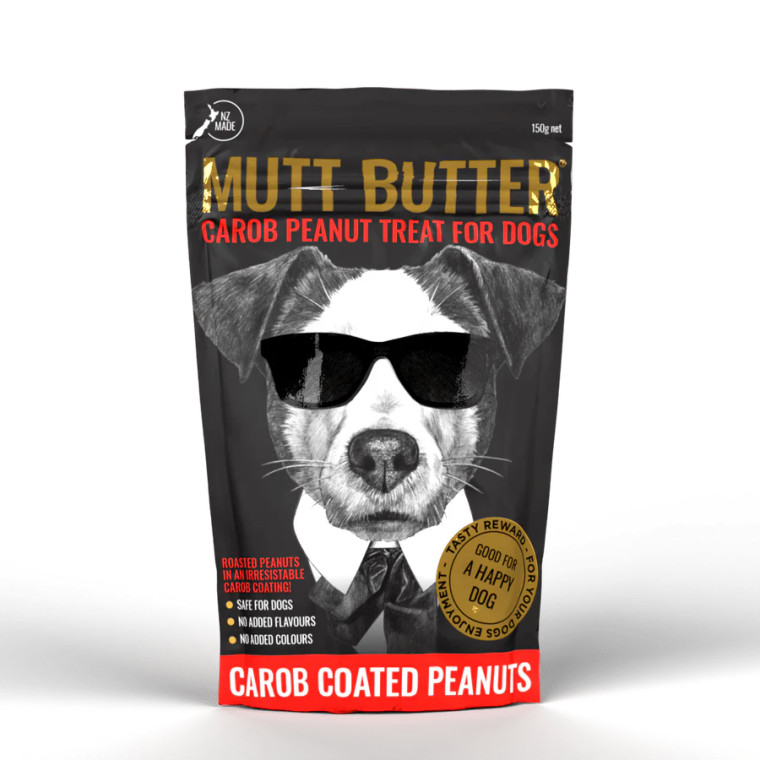 Mutt Butter Dog Treat Carob Peanut, packet of peanuts coated in carob so it is safe for your dog to have chocolate peanuts.