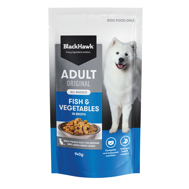 Front of Black Hawk Original Adult Fish and Vegetables 140g Wet Food Pouch