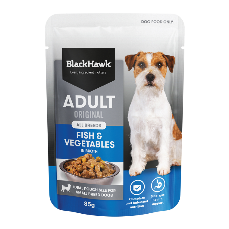 Front of Black Hawk Original Adult Fish and Vegetable 85g Wet Food Pouch