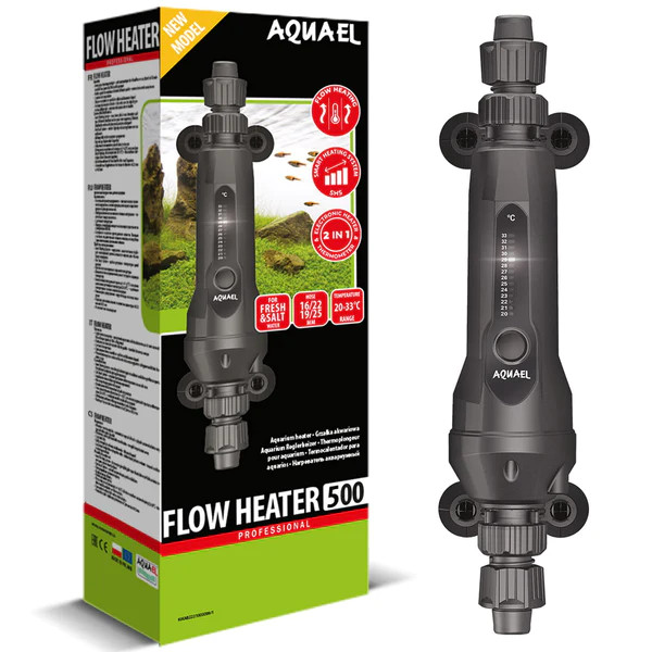 Front of Aquael Inline Flow Heater 2.0 500w Box and heater.