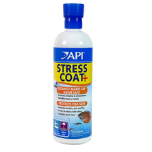API Stress Coat, API® STRESS COAT water conditioner makes tap water safe for fish by removing chlorine, chloramines and heavy metals from tap water, and contains the healing power of Aloe Vera to reduce fish stress by up to 40% and to heal damaged tissue and wounds.