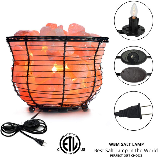 Natural Himalayan Salt Lamp, Tall Round Metal Basket lamp