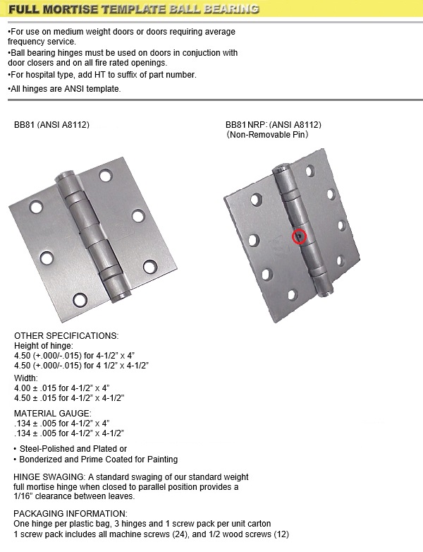 PBB BB81/BB81 NRP Commercial Full Mortise Ball Bearing Hinges