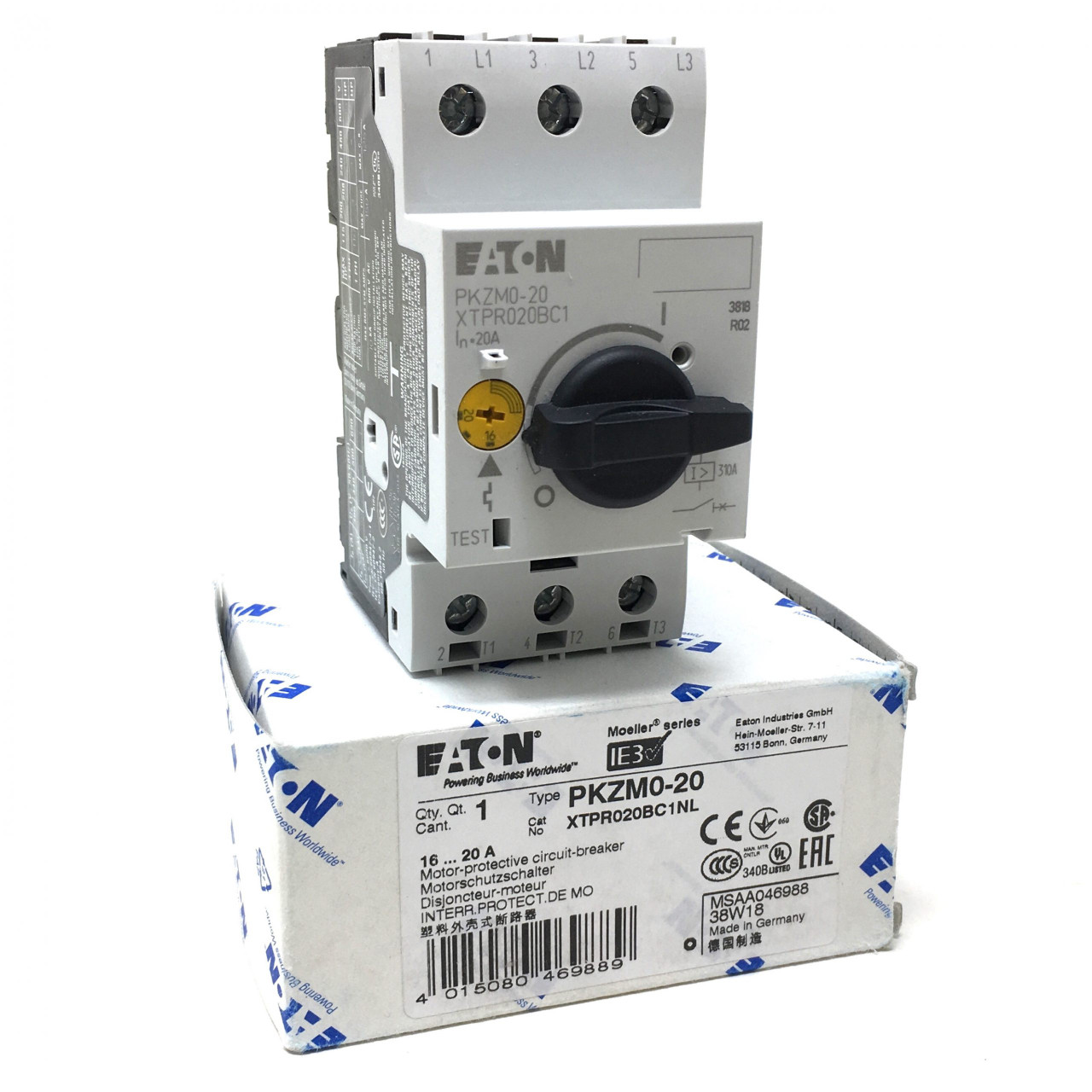 Eaton PKZM0-20 Manual Motor Starter, 16-20A Adjustable, DIN Rail Mount, Class 10 Trip, Rotary On/Off Handle