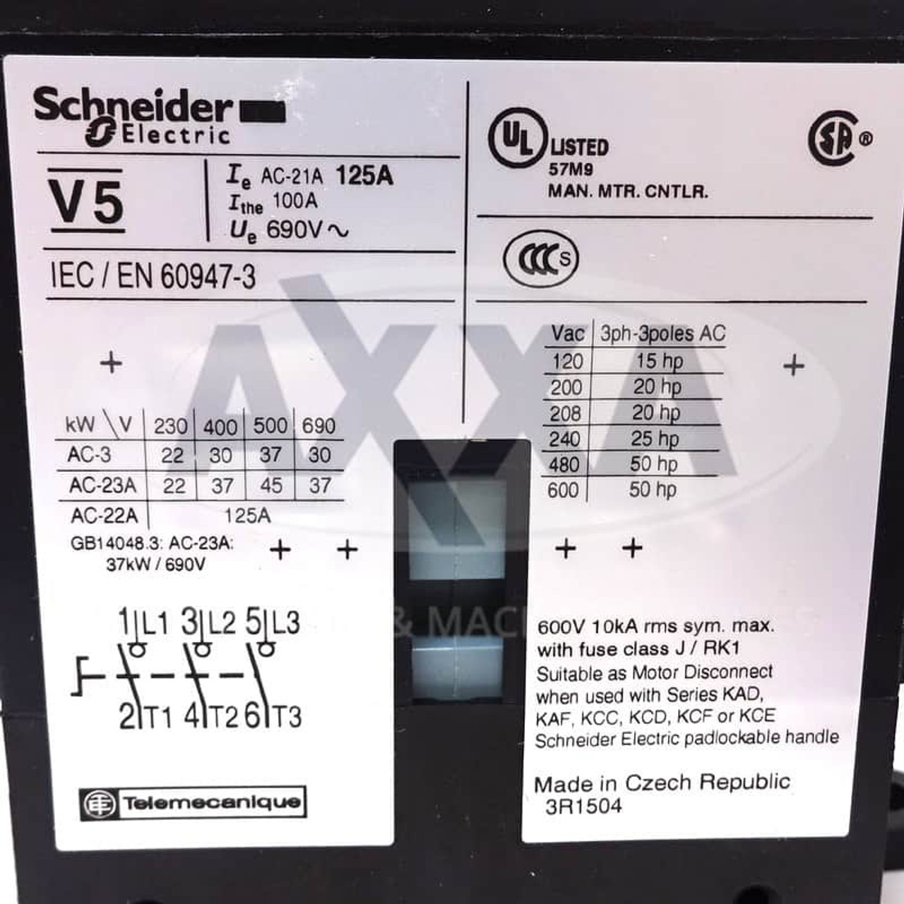 3 Pole Load Break Switch Kit VCCF5 125A 45kW Schneider VC-CF5 