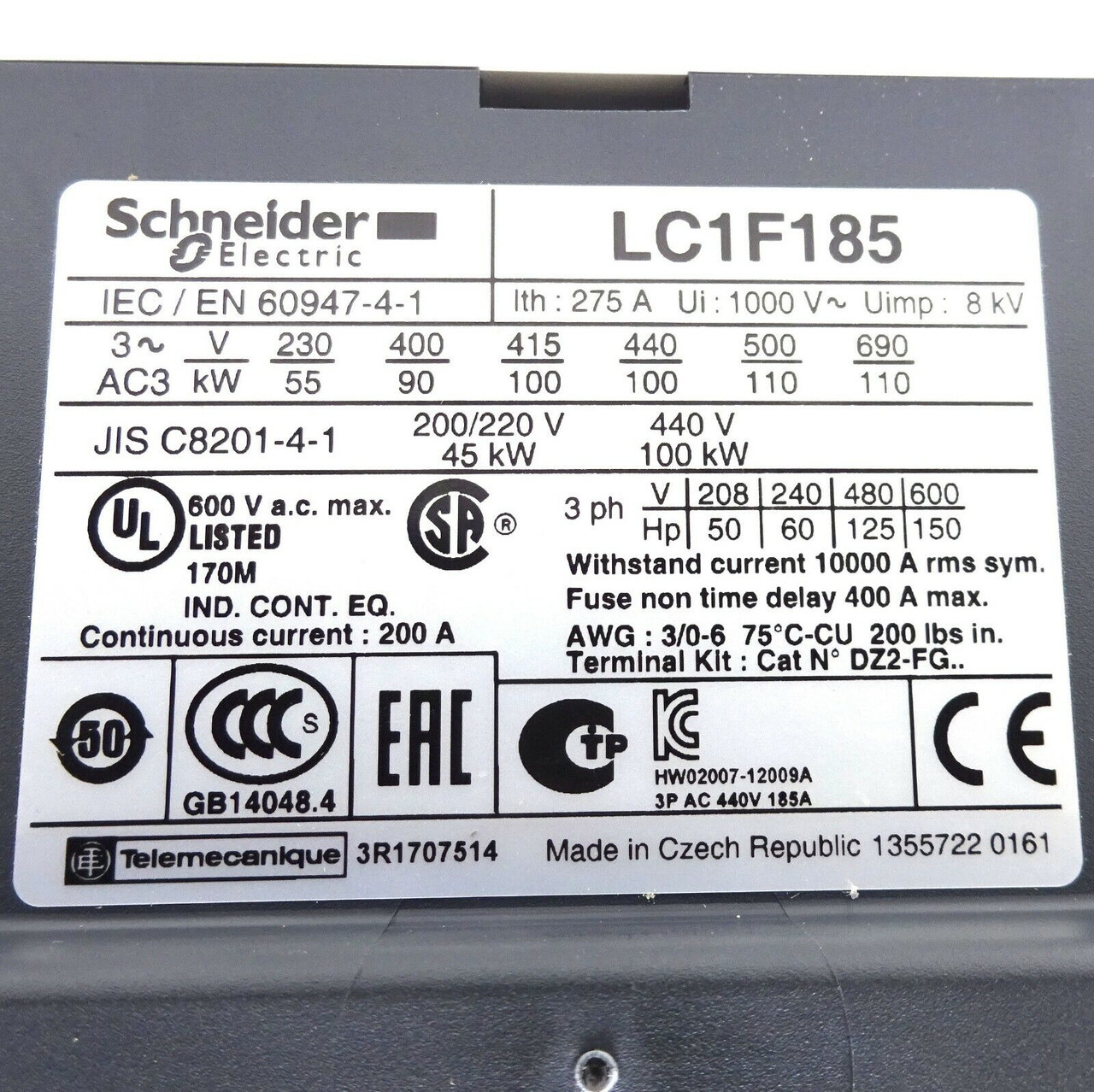 Contactor Series LC1F185M7 Schneider - AC3: 100kW 250A at 400V 230VAC