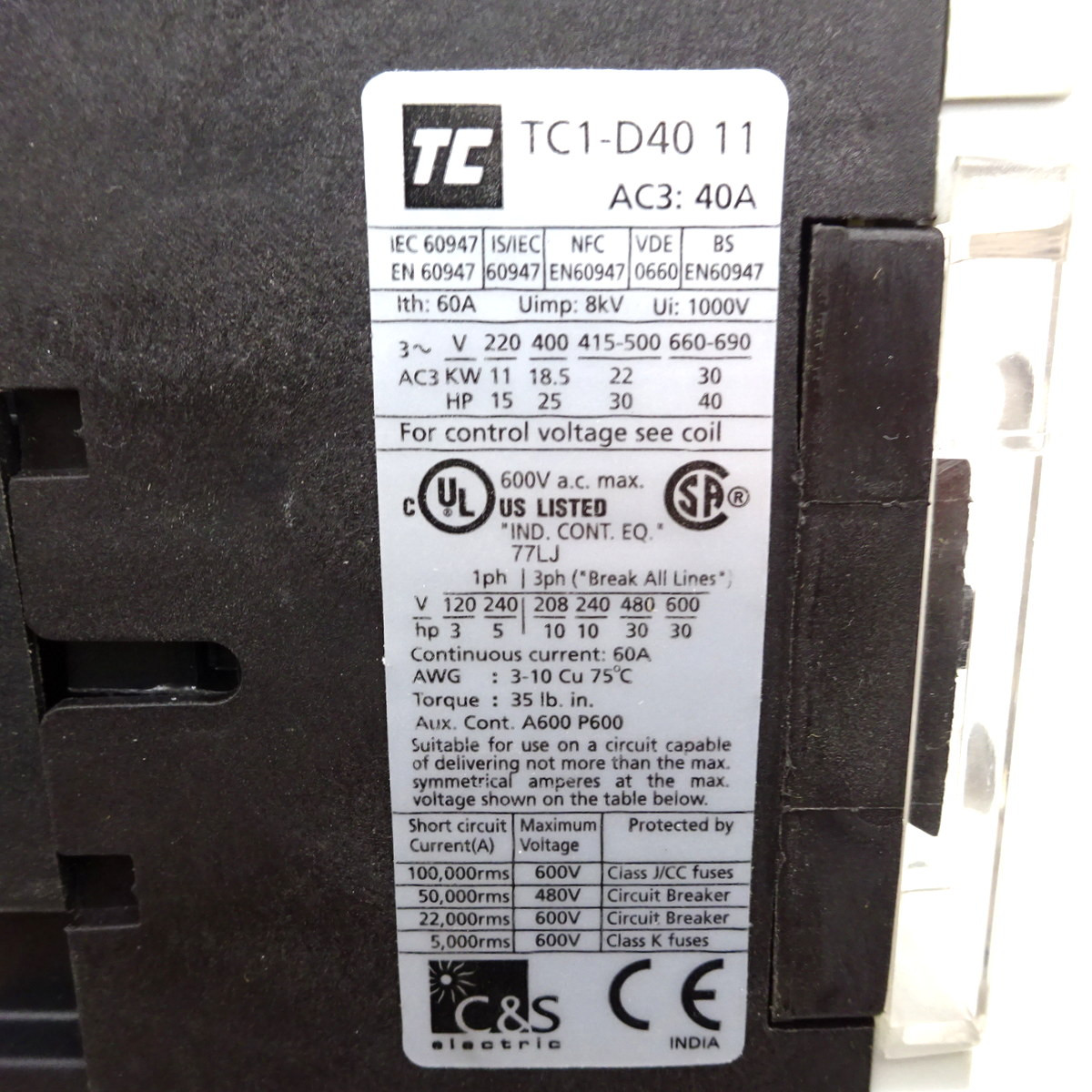Contactor TC1D4011N7 C&S Electric AC-3 415V 40A 22kW 415VAC 50/60Hz 3P ...