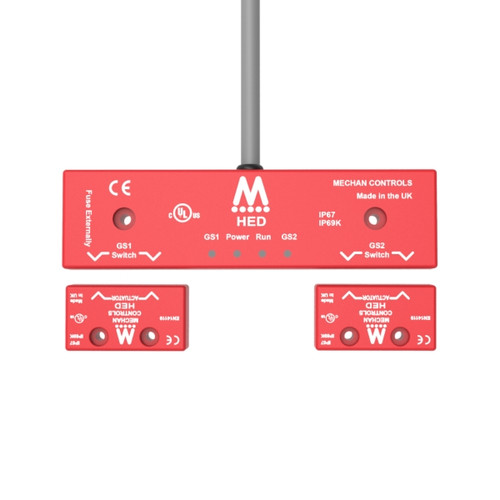 Mechan Controls - HED-21-DC-LQD-05M-C, Coded Quick Disconnect Magnetic Safety Switch and 2 Actuator, 2NO/1NC, DC, Plastic, 8-PIN M12 5m Cable Exit from Center