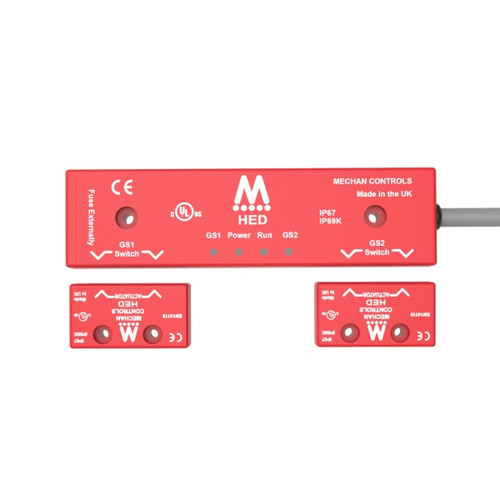 Mechan Controls - HED-21-DC-LQD-R, Coded Quick Disconnect Magnetic Safety Switch and 2 Actuator, 2NO/1NC, DC, Plastic, 8-PIN M12 Exit from Right