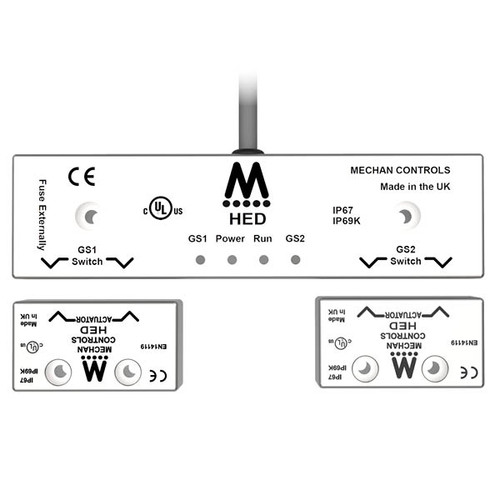Mechan Controls - HED-SS-21-DC-06M-C, Coded Magnetic Safety Switch and 2 Actuators, 2NO/1NC, DC, Stainless Steel 316, 6m pre-wired Cable Exit from Center