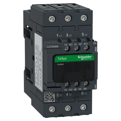 Contactor LC1D40ABBE Schneider 3P (3NO) 1NC + 1NO Aux 24VDC 40A 18.5kW