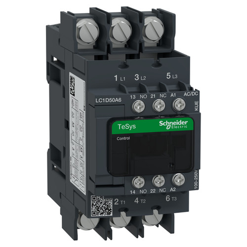 Contactor LC1D50A6KUE Schneider 3P (3NO) 1NC + 1NO Aux 100-250VAC/DC 50A 22kW