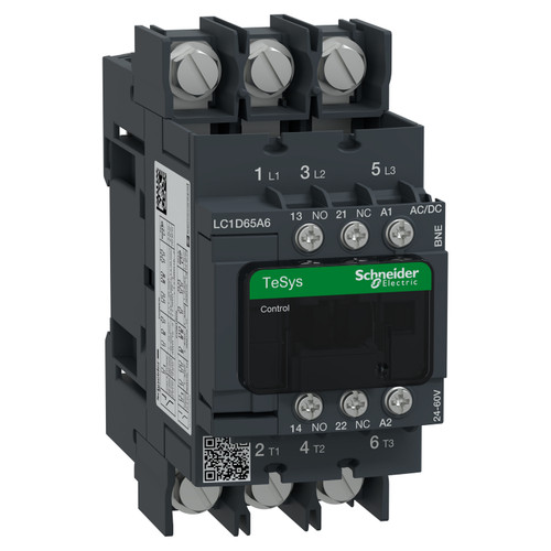 Contactor LC1D65A6BNE Schneider 3P (3NO) 1NC + 1NO Aux 24-60VAC/DC 65A 30kW