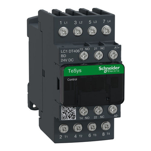Contactor LC1DT406BD Schneider 4P (4NO) 1NC + 1NO Aux 24VDC 40A 11kW