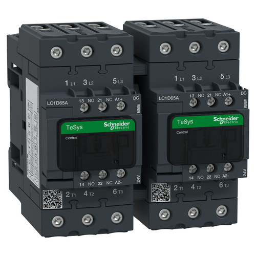 Reversing Contactor LC2D65ABBE Schneider 3P (3NO) 2NC + 2NO Aux 24VDC 65A 30kW