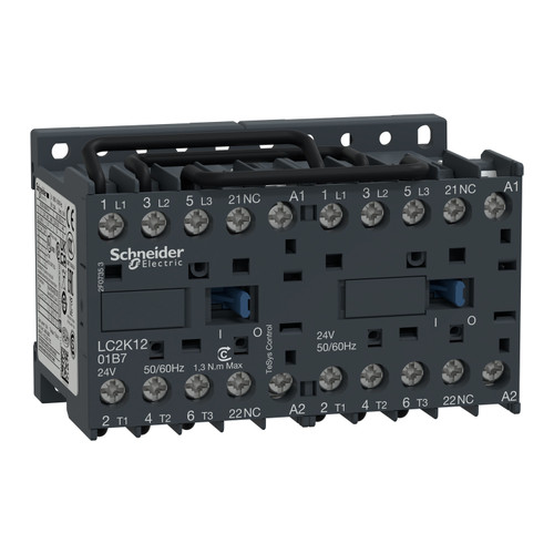Reversing Contactor LC2K1201U7 Schneider 3P (3NO) 1NC Aux + 240VAC 12A 5.5kW