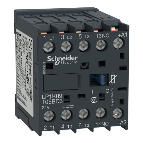 Contactor LP1K09105BD3 Schneider 3P (3NO) 1NO Aux 24VDC 9A 4kW