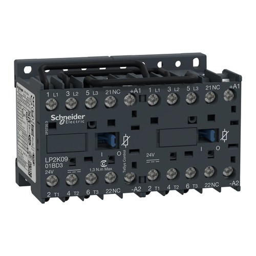 Reversing Contactor LP2K0901BD3 Schneider 3P (3NO) 1NC Aux + 24VDC 9A 4kW