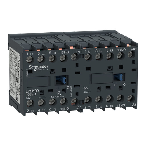 Reversing Contactor LP2K09105BD Schneider 3P (3NO) 1NO Aux 24VDC 9A 4kW