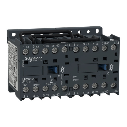 Reversing Contactor LP2K1201BD3 Schneider 3P (3NO) 1NC Aux + 24VDC 12A 5.5kW