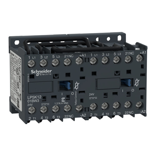 Reversing Contactor LP5K1201BW3 Schneider 3P (3NO) 1NC Aux + 24VDC 9A 5.5kW