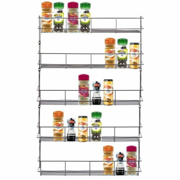 5 Tier Chrome Door Mounted Spice Rack Jar Holder Kitchen Cupboard Wall Storage
