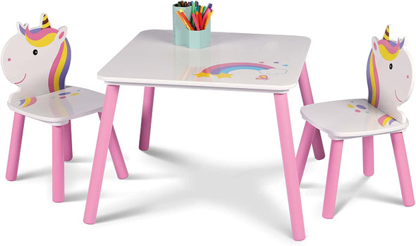 Albert Austin Wooden Kids Table And Chairs Sets | Children Table And Chairs Set | Unicorn Kids Table | Kids Chairs | Kids Furniture | Multi-Purpose Table And Chairs For Toddlers | White And Pink