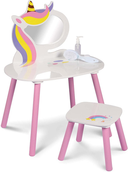 Wooden Unicorn Kids Vanity Table And Stool Set Girls Mirrored Dressing Table