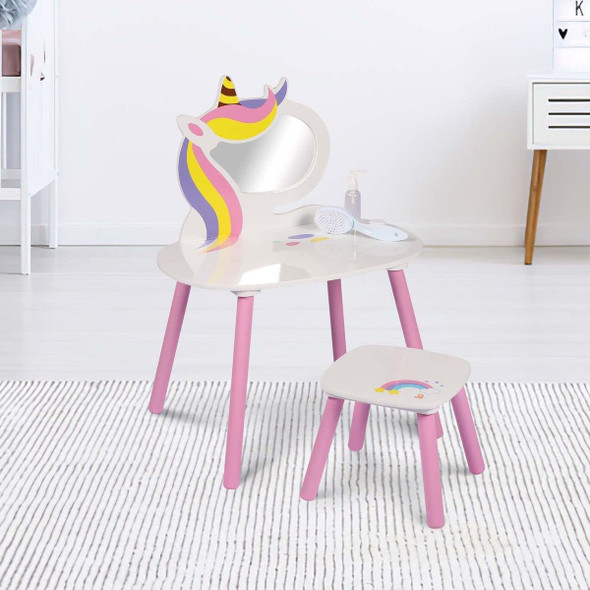 Wooden Unicorn Kids Vanity Table And Stool Set Girls Mirrored Dressing Table