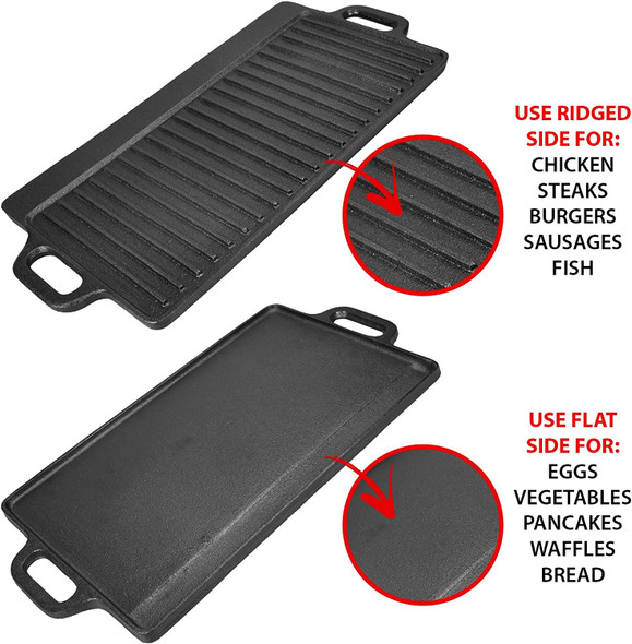 Cast Iron Reversible Griddle Pan Non-Stick Coating Gas Electric Hobs