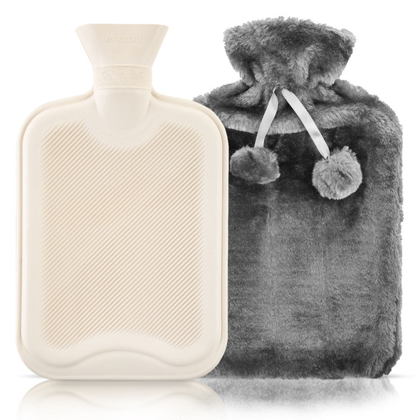 2L Hot Water Bottle With Cosy Fur Cover Pom Pom Hot Water Bag