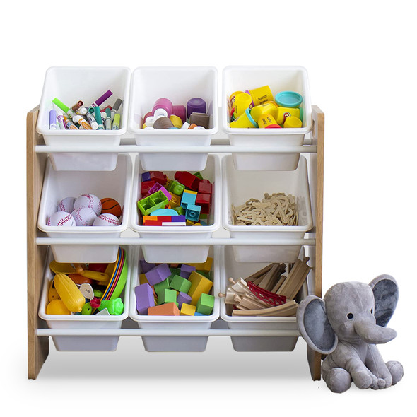 Kids Toy Storage Unit With 9 Removable Plastic Baskets Wooden Shelving Unit Toys & Books Storage Solutions