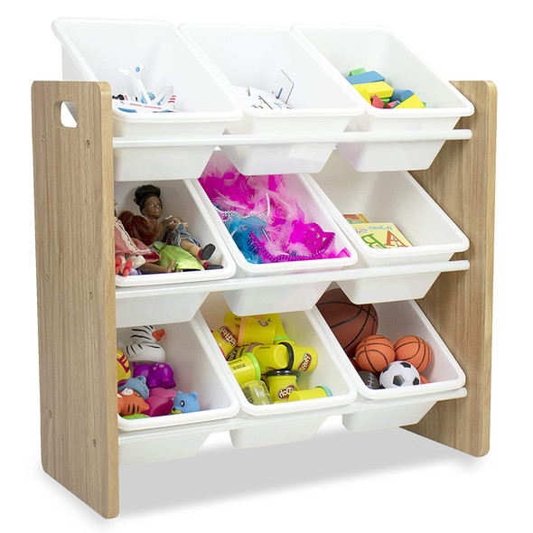 Kids Toy Storage Unit With 9 Removable Plastic Baskets Wooden Shelving Unit Toys & Books Storage Solutions