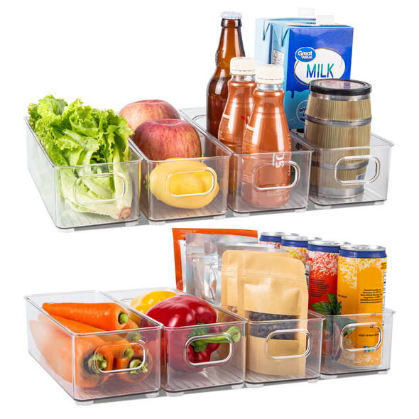 Pack of 8 Clear Fridge Organisers Stackable Storage Container with Handles BPA-free Multi Purpose Storage Organiser Boxes