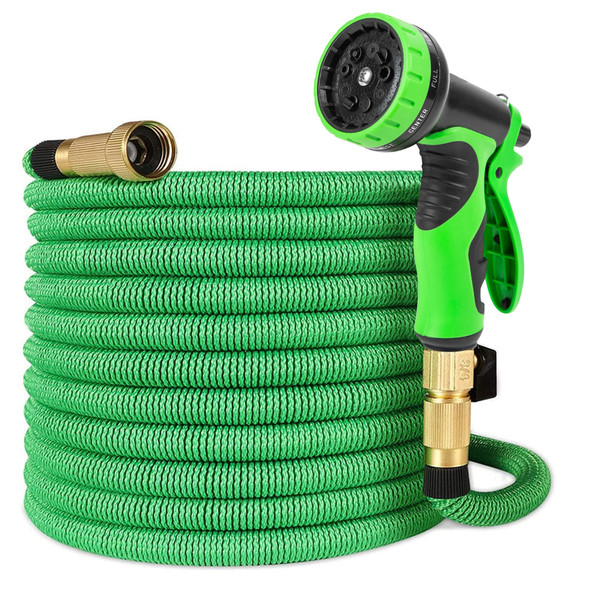 Expandable Garden Hose, Flexible Hose Pipe, Expanding Hose with 7 Spray Settings, Lightweight and Durable with Solid Brass Fittings, Anti Kink and Retractable, Anti Slip Handle with Trigger Lock Design, Perfect for Outdoor Use, Green