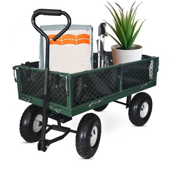 Heavy Duty Garden Trolley with 4 Wheels, 300kg Load Bearing Capacity, Stainless Steel Frame, PVC Tarpaulin, Big Rubber Wheels with Rotatable Handle, Removable Sides, Pull Along Mesh Trolley, Outdoor Cart for Festivals, Picnics, Camping, Gardening