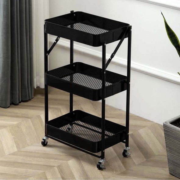 Heavy Duty 3 Tier Storage Trolley on Wheels, 360° Rotatable Wheels, No Assembly Required, Easy to Move, Mesh Racks, 60kg Load Capacity, Compact and Foldable Design, Utility Cart for Office, Bathroom, Bedroom, Living Room, Kitchen