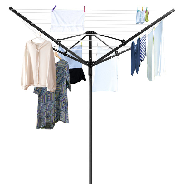 4-Arm, Retractable, Free Standing, Rotary Washing Line, Outdoor 45M Rotary Line, Folding Cloth, Heavy Duty Rotary Airer, Outdoor Clothes Dryer, 4 Adjustable Heights, Easy to Install, Ground Spike and Cover, 11 Washing Line Rows