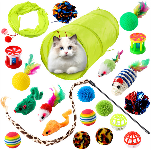 21 Pcs Cat Toys for Indoor Cats, Adult and Kitten Toys, Safe, Non Toxic and Anti Scratch, Pet Friendly Interactive Cat Toy Set, Fuzzy Ball, Feather Teaser, Cat Tunnel, Feather Sisal Mice, Bell Ball, Rainbow Ball
