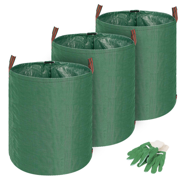 Pack of 3, 272L Garden Waste Bags, Heavy Duty Reusable and Waterproof Garden Bags, Foldable and Lightweight Garden Waste Bags with Handles, 1 Pair Gardening Gloves, Large Refuse Rubbish Garden Sacks