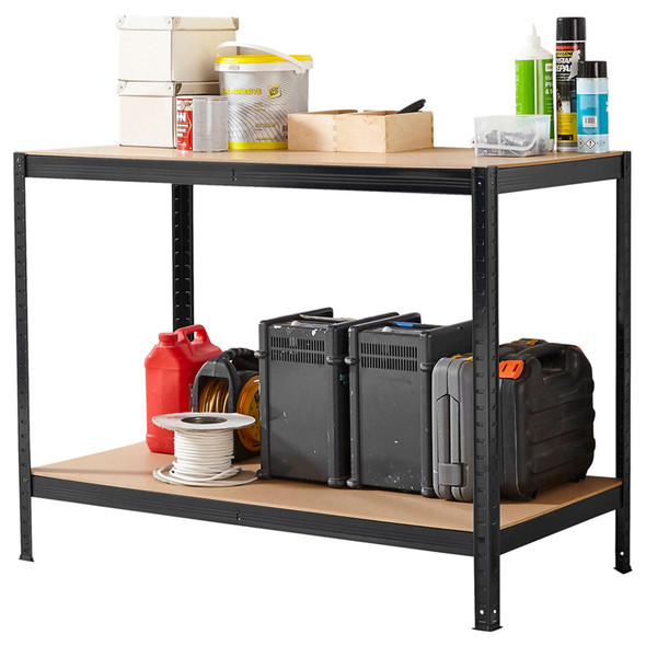 Heavy Duty Garage Workbench, 2 Tier Work Table, Stainless Steel Frame with MDF Wood Shelves, Anti-Slip Feet, 200kg Load Capacity, Storage Bench for DIY Tools, Machines, Workshop