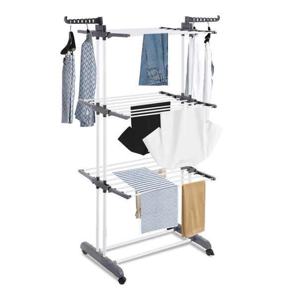4-Tier Foldable Clothes Airer, Retractable Clothes Drying Rack, Space Saving, Laundry Dryer with 4 Rolling Wheels, Ample Drying Space, Rust Resistant Stainless Steel, Indoor and Outdoor Air Dryer