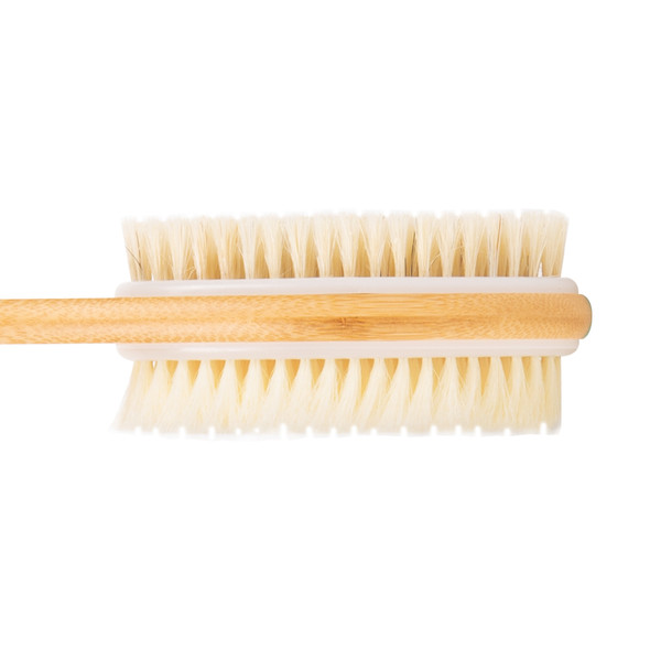 Back Brush with Long Handle for Shower Use, Double Sided Bristle, Stiff and Soft, Back Scrubber for Exfoliating Skin, Lotus Wood, Non Slip and Ergonomic Rubber Patch Handle, 43cm Long Body Scrub Brush
