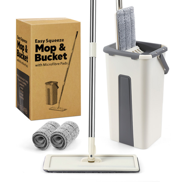 Floor Mop And Bucket Set, Self Cleaning Microfibre Cloth, 360° Swivel Head, Space Saving, Flat Mop, Steel Handle, Dual Compartment, 5L Mop Bucket with 2x Reusable Microfibre Mop Pads For Hard Floors
