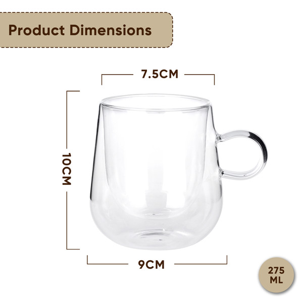 Pack of 2 Double Walled Glass Mugs, 275ml Glass Coffee Mugs, Heat Resistant and Dishwasher Safe, Strong Borosilicate Coffee Glass, Vacuum Insulated, Espresso, Cappuccino, Macchiato, Tea, Milk Cups