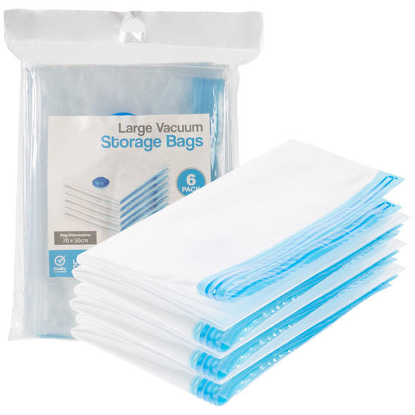 6-Pack Large Vacuum Storage Bags, Anti Bacterial Vacuum Bags for Clothes, Waterproof, Secure Double Zip Seal, Airtight Valve, Suction Bag for Storage, Reusable and Space Saving for Duvets, Bedding, Pillows, Quilts