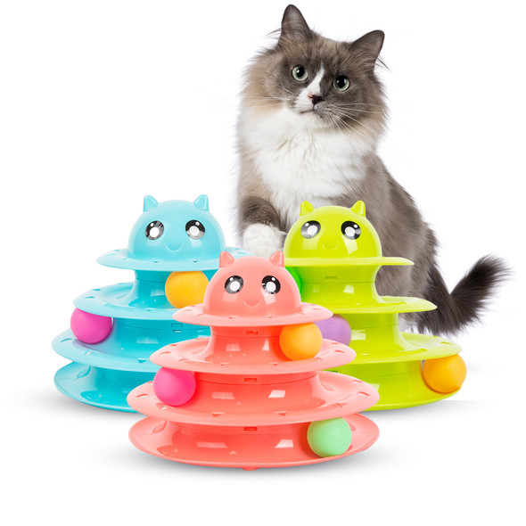Cat Ball Toy for Indoor Cats, Kitten Toy, Fun Roller Interactive Cat Toy, 3-Tier with 3 Colourful Balls, Cat Puzzle Fun Wheel Toy, Sturdy and Smooth Edges, Indoor Exercise Ball Toy, Any Random Colour