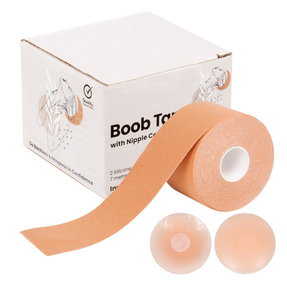 7M Boob Tape for Large Breasts with 2 Nipple Covers, Self Adhesive Tit Tape, Reusable and Skin Friendly Silicone Nipple Cover, Booby Tape, Fits All Breast Sizes, Invisible Breast Lift Tape, Go Strapless and Backless